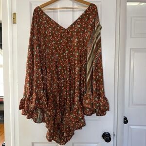 Kantha Bae Kimono Blouse Free Size Brown Floral Boho Ruffle Hem Tunic Top Whimsy